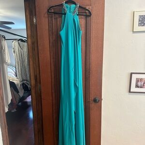 Beaded-neck Jade toga gown by carmen Marc Valvo